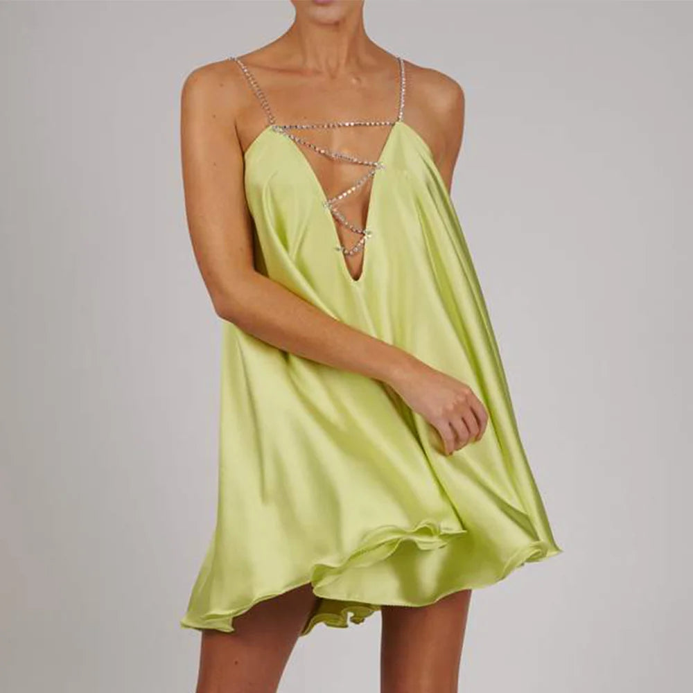 S-XL 6 Colors Women Holiday Clothes Club Party Clothes Summer Dress Diamonds Strap Chain Double Layers Satin Mini Dresses