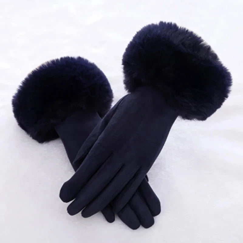 NEW Arrivals 18 Colors Women Faux Rabbit Fur Wrist Suede Leather Touch Screen Driving Glove Winter Warm Plush Thick Full Finger Cycling Black Mitten H92 Women Ladies Luxury Fashion Apparel Accessories