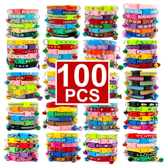 NEW 100PCS Set  Dog Collar With Bells Adjustable Customize Necklace Puppy Kitten Collar Accessories Pet Shop Products Rabbit Cats Neck Strap Collar Pets Safety Supplies