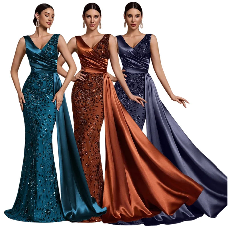Mother of the Bride S-2XL Women's Luxury Satin Gowns for Women Evening Dresses Elegant V-Neck Sleeveless Sequin Mermaid Bridesmaid Dresses Wedding Party Dress Ladies Luxury Apparel Supplies