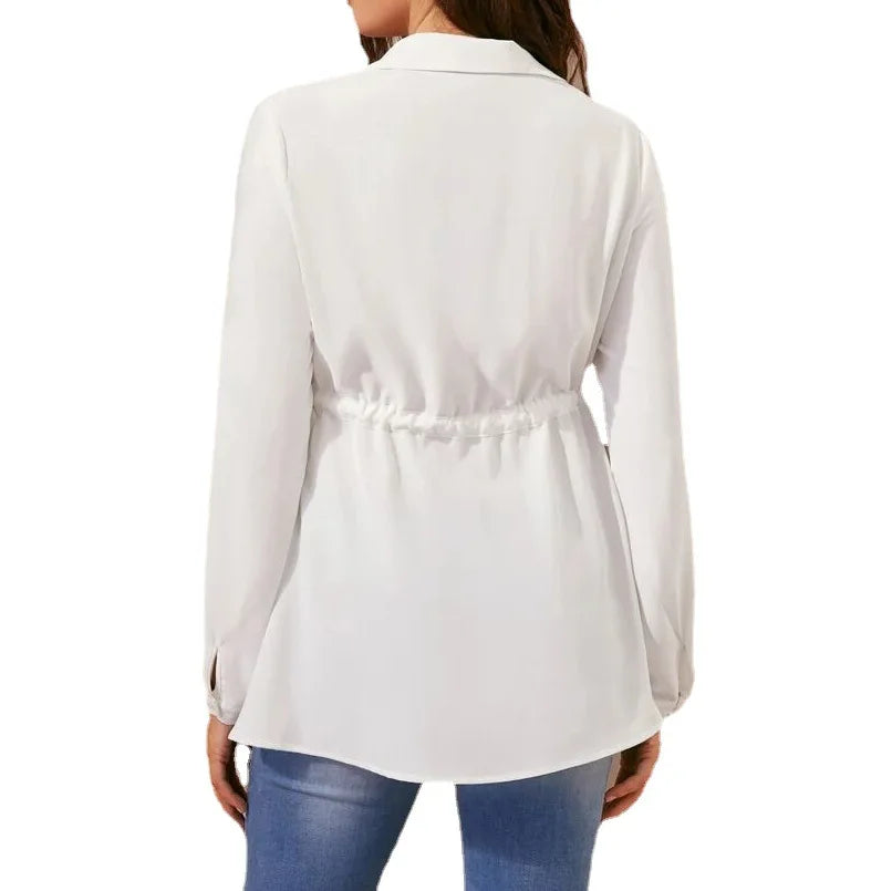 S-2XL Black/White Solid Color Pregnant Women V-Neck Long Sleeve Knitted Breathable Loose Fit Maternity Blouse Fashion Top Female Pregnancy Apparel Clothing Supplies