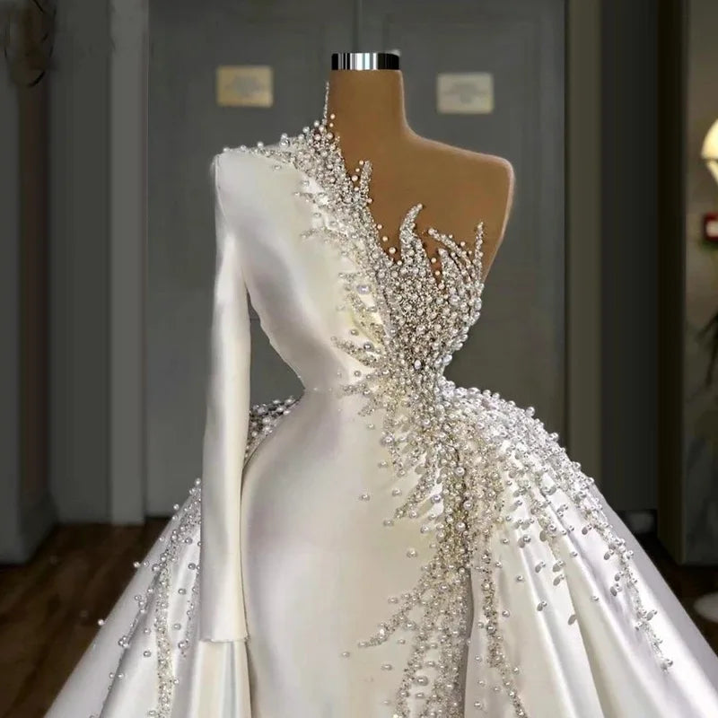 Boutique Gala HOT SALE TOP Luxury Women's Beaded Lace Fabric Pearl White Bridal Wedding Dress Ball Gown Elegant Luxurious Rhinestones Crystal Ruffles for Wedding Boho Evening Wedding Prom Party Ladies Luxury Apparel Supplies