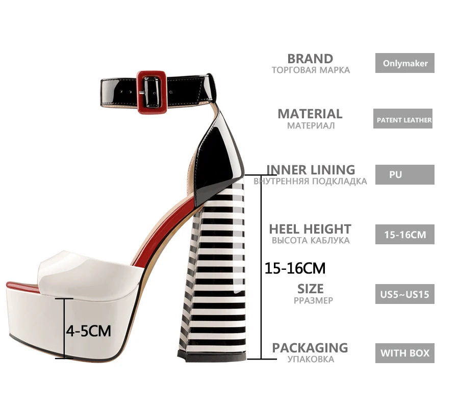 Women High Heels Shoes Sandals Platform Peep Toe Chunky Square Heels Ankle Strap Sandals Black And White Stripes Party Fashion Shoes