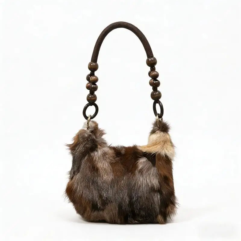 NEW Fashion Artificial Fox Fur Patchwork Underarm Bag Wooden Beaded Strap Women Fluffy Shoulder Purse Eco Faux Fur Handbag Women Apparel Accessories