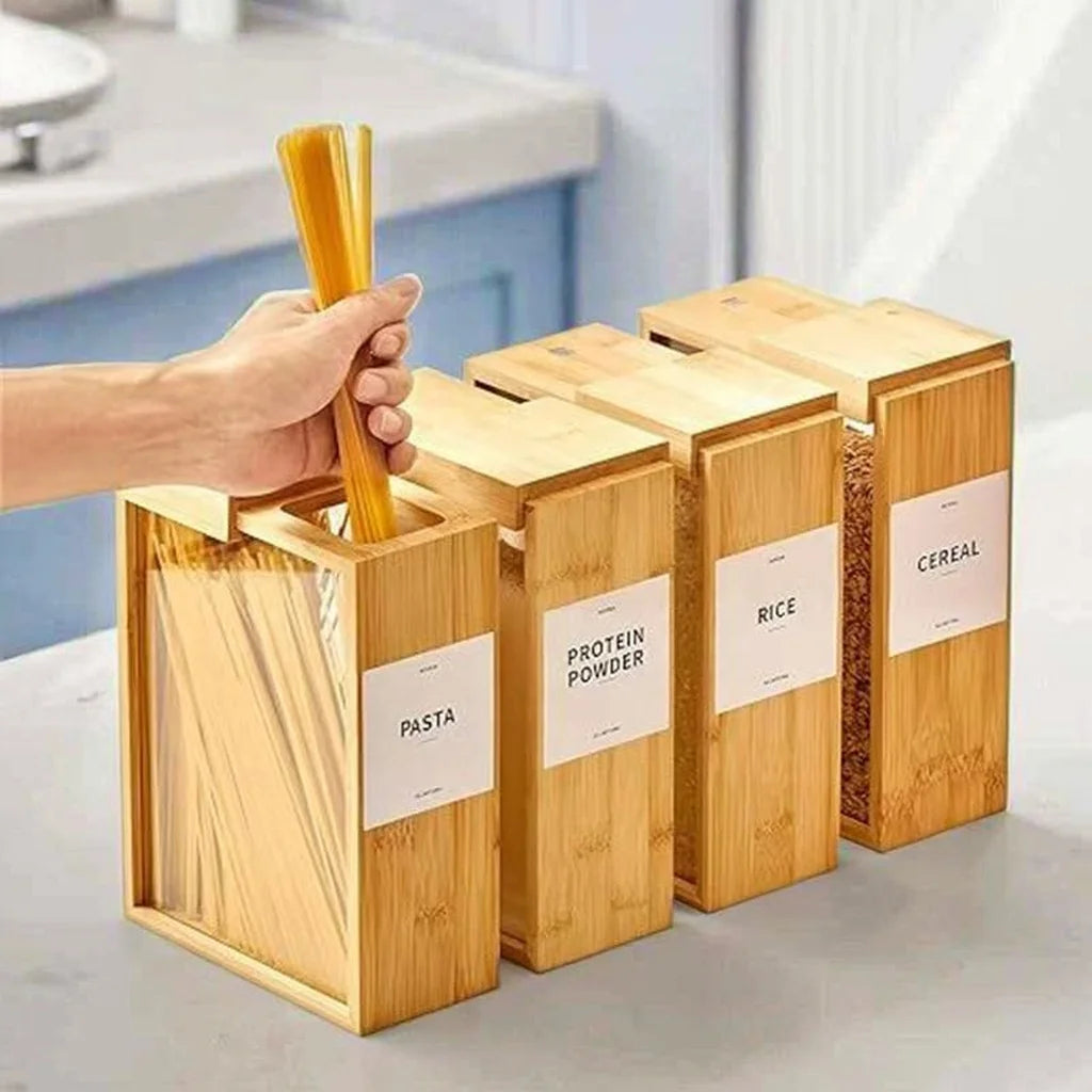 NEW Modern Design Bamboo Wood Rectangular Kitchen 3L Food Dispenser with Lid Used for Storing Grains Rice Flour Snacks and Candies Kitchenware Accessories Preparing Cooking Tools