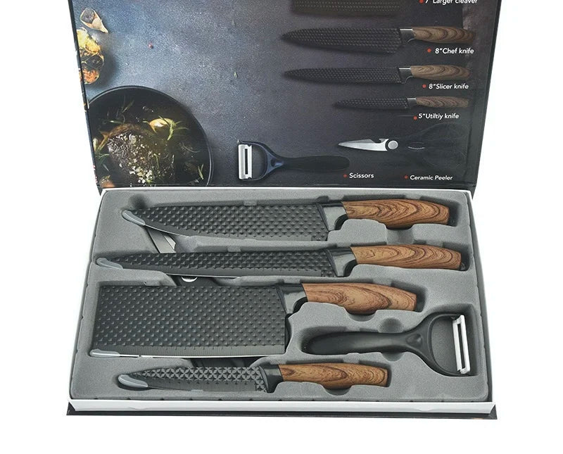 NEW 6 PCS Japanese Set Kitchen Sharp  Knife Set With Covered Handle Chef's Meat Cleaver Vegetable Fruit Knife Kitchen Scissors Set Outdoor Camping Grill Barbeque Cooking Tools Set