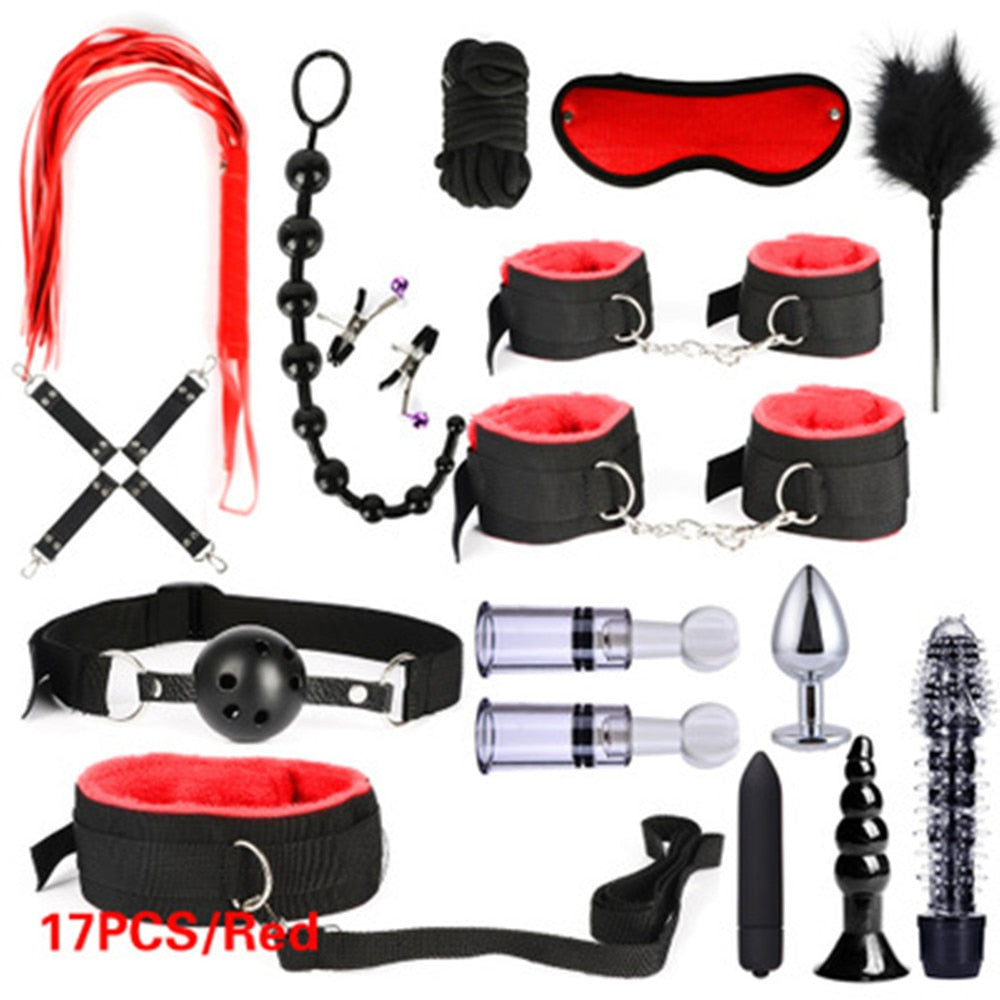 Adult leather plush bondage bundle set, gag, whip, butt plug, sex toys for women, nipple clips, erotic toys