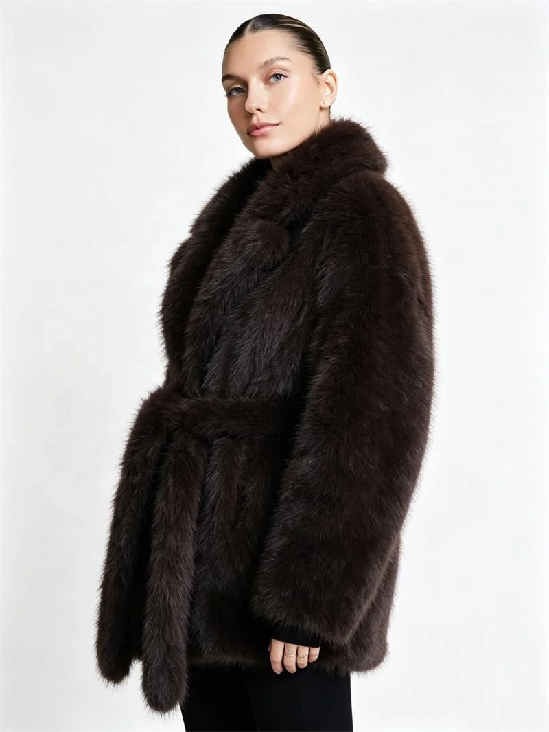 Apricot/Black/Dark Brown Color S-4XL Plus Size Women's Winter Warm  Artificial Fox Fur Coat Oversized Wide Notched Lapel Matching Belted Waist Mid Length Thick Warm Winter Outerwear Jackets Ladies Winter Clothing Supplies
