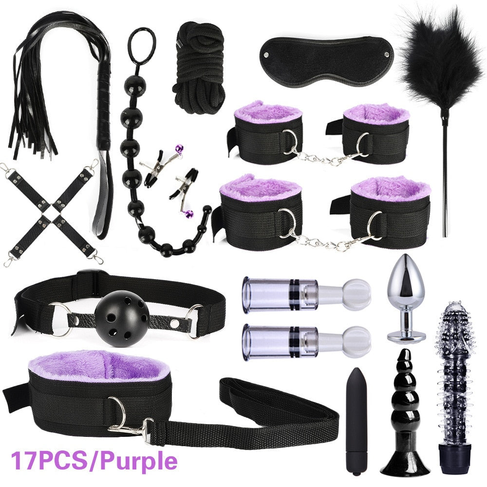 Adult leather plush bondage bundle set, gag, whip, butt plug, sex toys for women, nipple clips, erotic toys