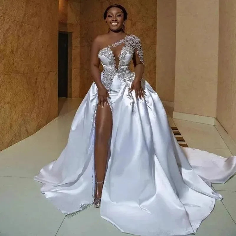 Boutique HOT SALE African Appliques One Shoulder Luxury  Wedding Dresses a Line Sexy Side Slit Bride Gowns Elegant Formal Woman's Wedding Dress Customized Bridal Gowns Women Luxury Apparel Supplies
