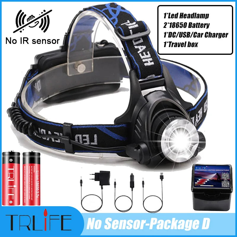 NEW Arrivals Motion Sensor Super 15000LM LED Headlamp T6/L2/V6 Zoomable Head lamp Flashlight Torch Headlight Lantern With LED Bulbs Lithium ION Battery Outdoor Camping Fishing Night Hiking Cycling