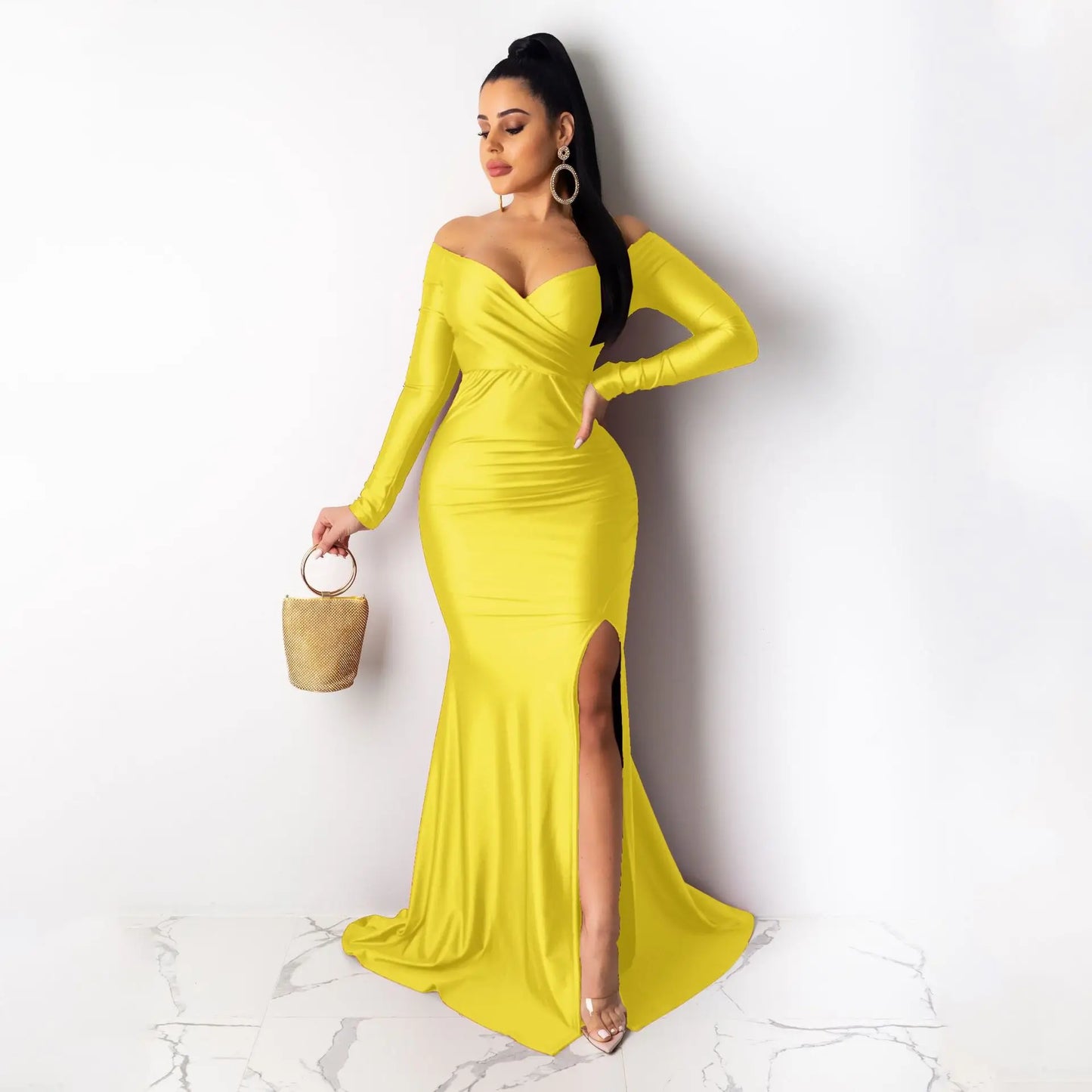 New Arrival S-2XL Women Luxury Gowns Wedding Guest Bridesmaid Evening Dresses High Slit Long Sleeve V-Neck Maxi Dress Ladies Long Party Dresses Women Luxury Apparel Supplies