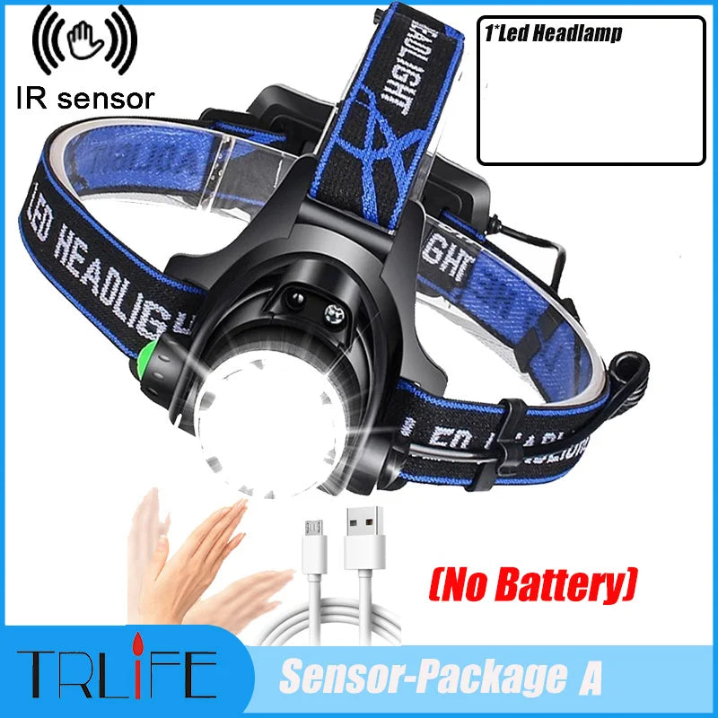 NEW Arrivals Motion Sensor Super 15000LM LED Headlamp T6/L2/V6 Zoomable Head lamp Flashlight Torch Headlight Lantern With LED Bulbs Lithium ION Battery Outdoor Camping Fishing Night Hiking Cycling