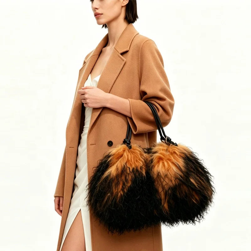 5 Colors Luxury Winter Ombre Faux Fur Leather Hobo Shoulder Tote Bag Women Single Strap Two-Tone Black Camel Fluffy Large Capacity Luxury Bags Ladies Apparel Accessories