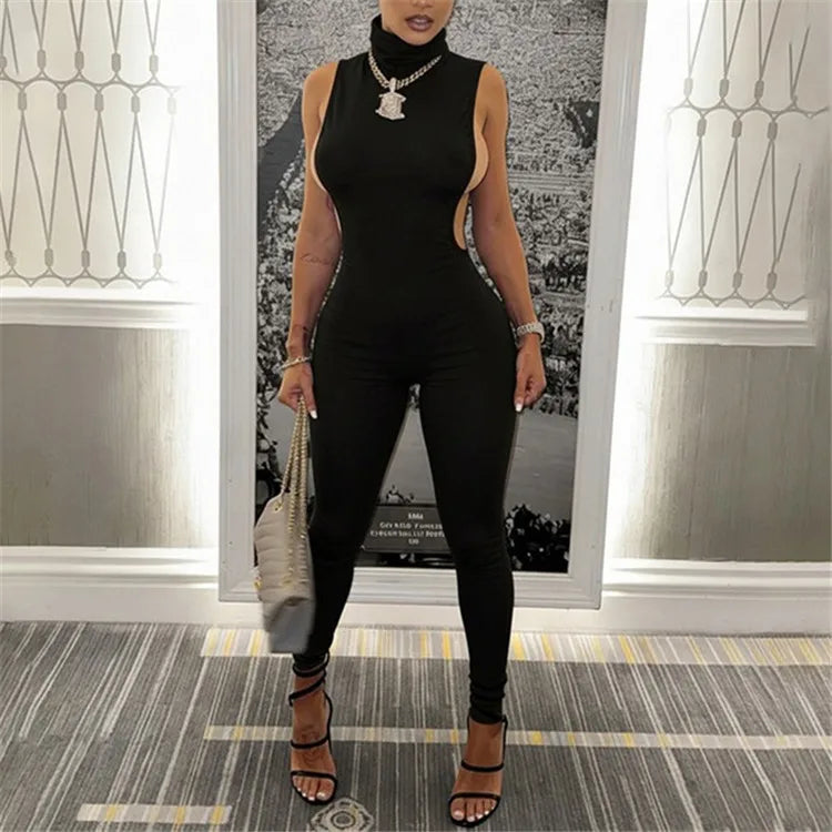 NEW Arrivals Black/Purple/Apricot Color Spring  Summer Women's Sexy Backless Tight Jumpsuit Women Hipster Sexy Turtleneck Backless Skinny One Piece Romper