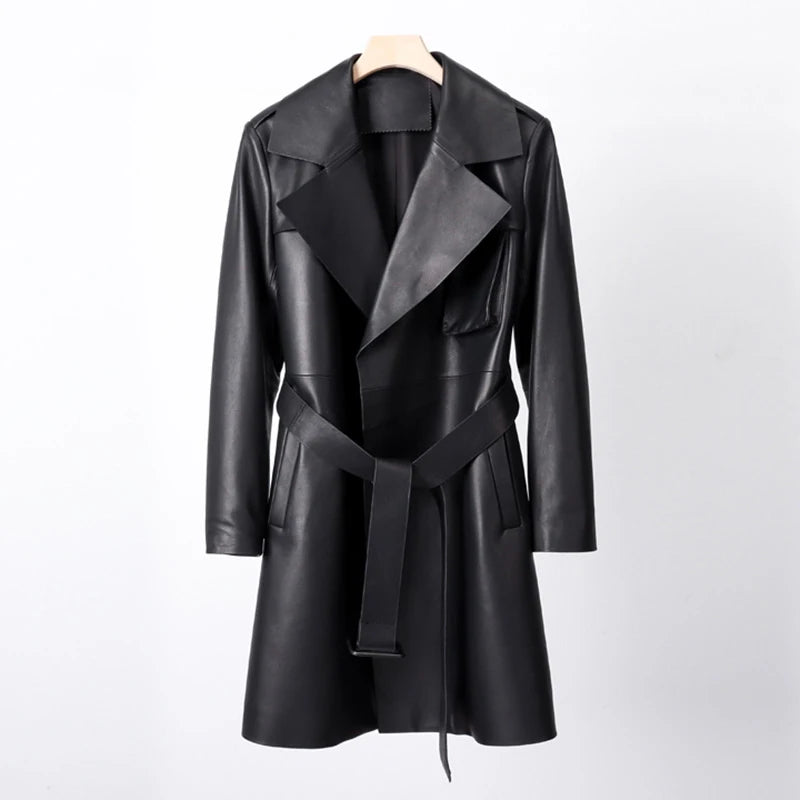 Boutique Gala HOT SALE Real Leather Coats M-3XL Black/Brown Color Women Winter Warm  Outwear Long Belt Windproof Luxury Coat Leather Formal Trench Coat Ladies Luxury Apparel Supplies