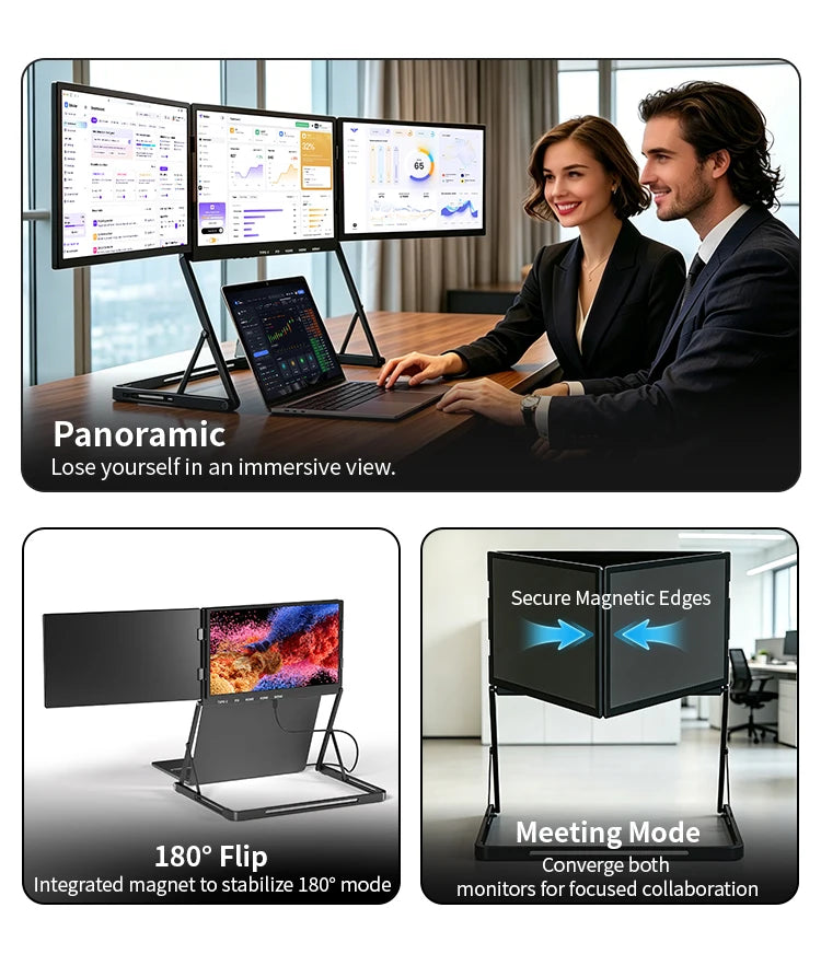 3 Screens Set 15.6Inch Full HD IPS External Monitor Laptop Multi-Screen Three Screen Portable Monitor Foldable Monitor Home PC Gaming Business Office Computer Tools Set Electronic Supplies