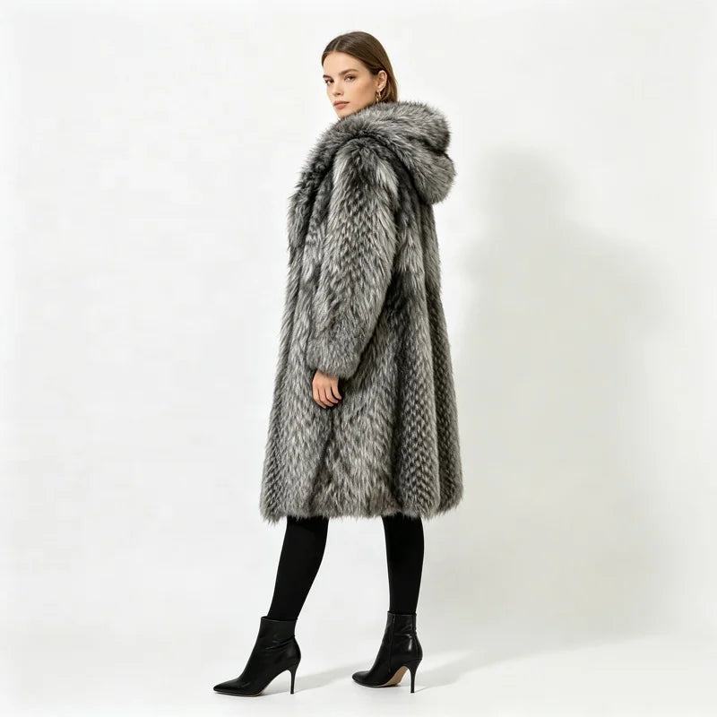 S-6XL Plus Size  Women Winter Silver Gray Hooded Faux Fur Top Quality Coats Full Length Oversized Thick Warm Fluffy Long Overcoat Snow Boots Outerwear Fur Jackets Ladies Luxury Jacket