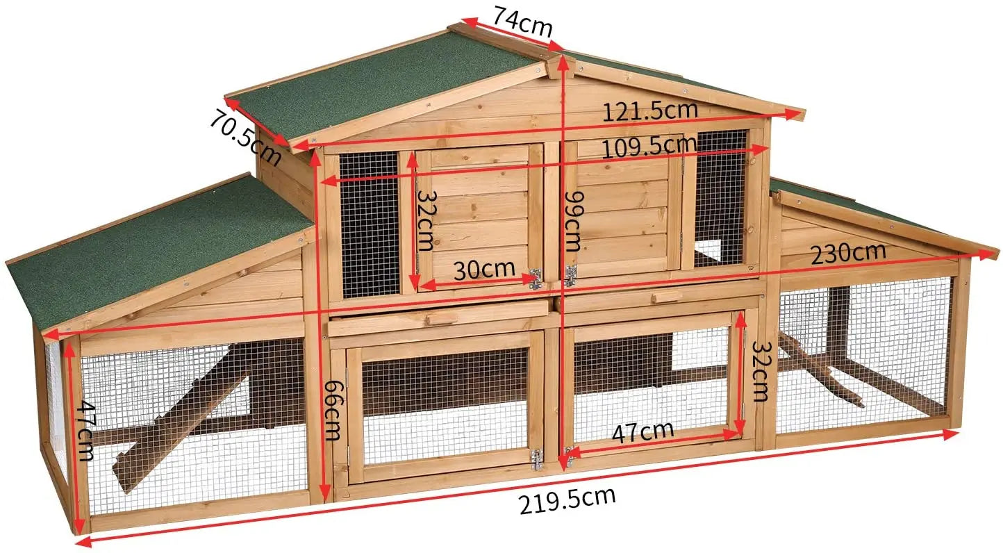 NEW Rabbit Hutch 2 Tier Wood Large Chicken Coop Cage Small Animal Guinea Pigs Pet House Enclosure 230x74x99cm Waterproof 4 Doors Pet Supplies