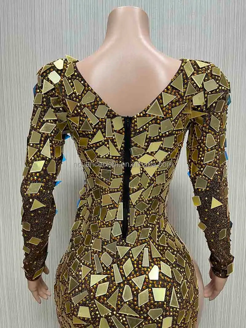 Luxury Mirror Glitter  Women  New Sexy High Slit Glittering Mirror Sequins Gold Dress Autumn Winter Spring Woman Dresses With Long Elegant Sweep Train Night Clubwear Prom Evening Party Luxury Maxi Gown