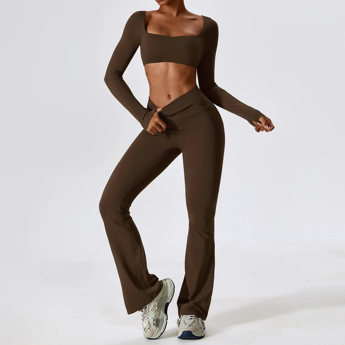 2-Piece Yoga Set Women Long Sleeve Square Neck Crop Top & High Waist Flare Pants Set Scrunch Butt Gym Fitness Activewear
