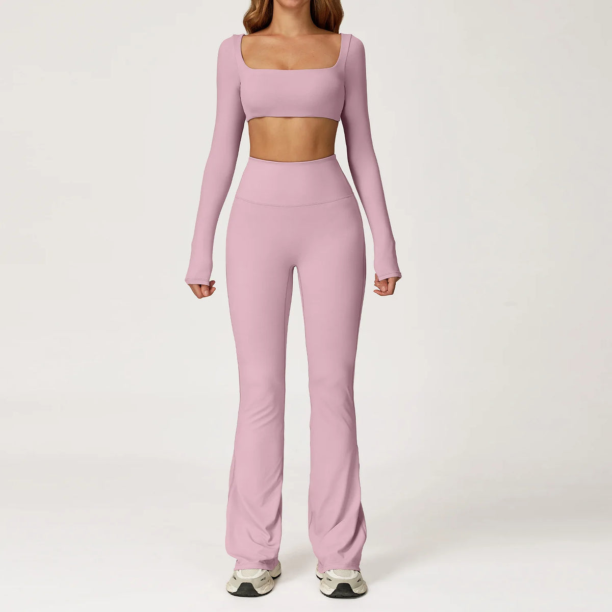 2-Piece Yoga Set Women Long Sleeve Square Neck Crop Top & High Waist Flare Pants Set Scrunch Butt Gym Fitness Activewear
