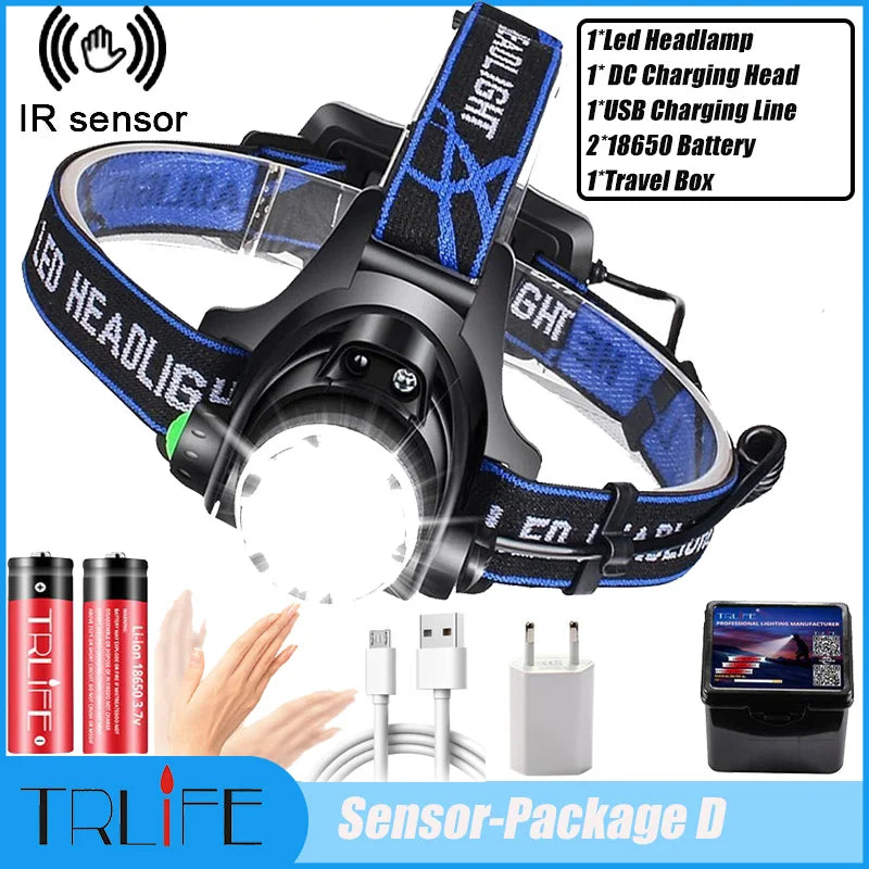 NEW Arrivals Motion Sensor Super 15000LM LED Headlamp T6/L2/V6 Zoomable Head lamp Flashlight Torch Headlight Lantern With LED Bulbs Lithium ION Battery Outdoor Camping Fishing Night Hiking Cycling