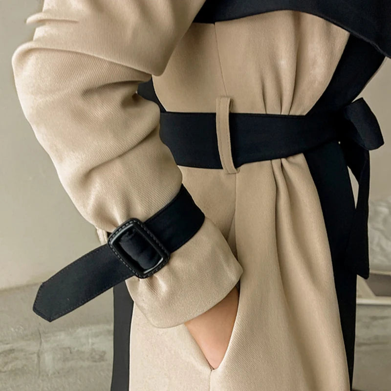 Elegant Notched Collar Lady Patchwork Windbreaker Full Sleeve Buttons Belted Women Long Trench Coats Winter 2W1922