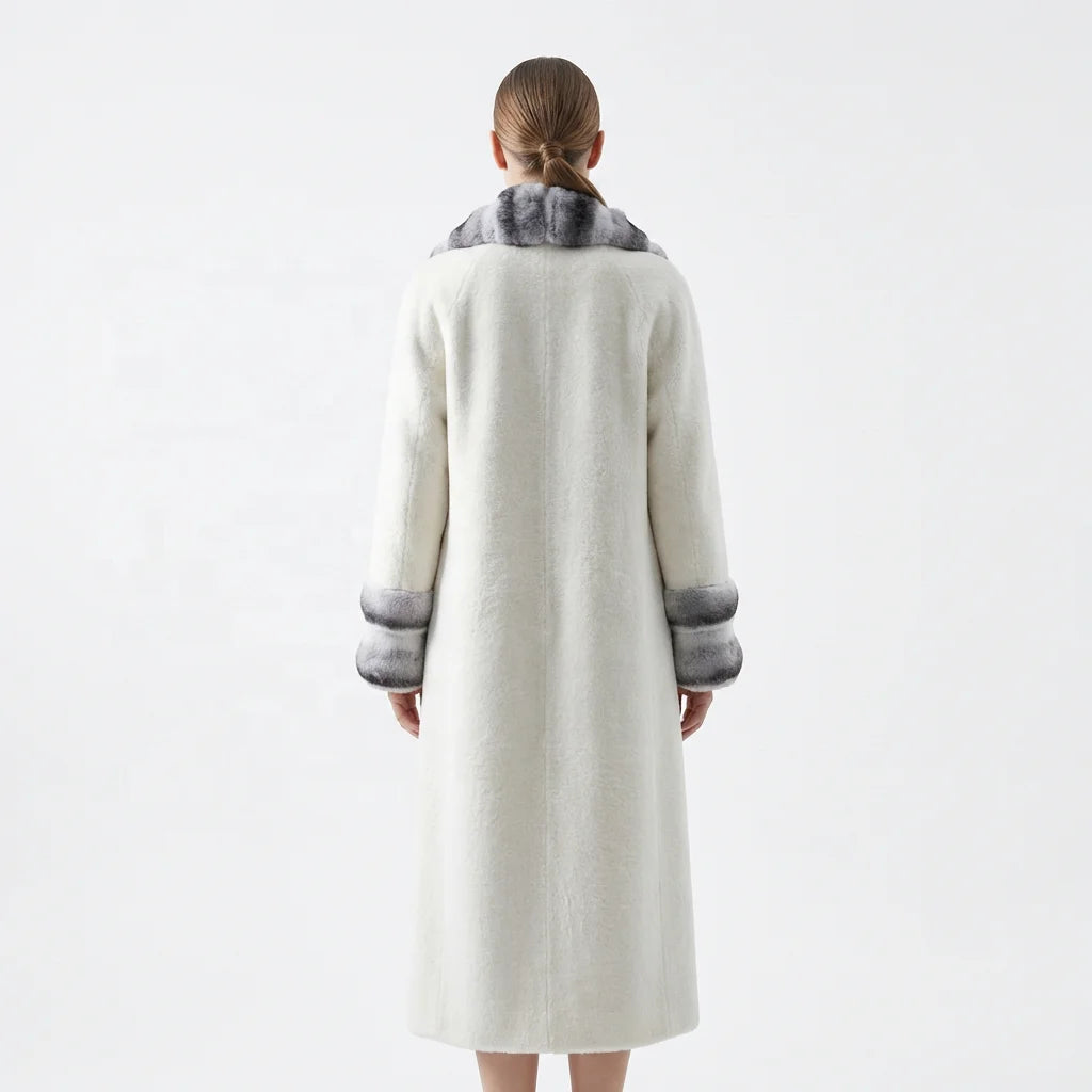 Black/White Color Luxury Women Winter Full Length Faux Fur Coat Elegant Chinchilla Fur Collar Warm Long Overcoat Eco Women's Faux Fur Outerwear Coats Ladies Winter Apparel Supplies