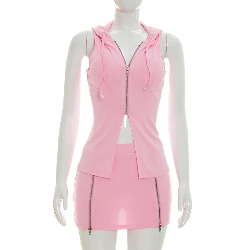 NEW Arrivals 2 PCS Set White/Black/Pink Color Sexy Hot Women's Spring Autumn Summer Hooded Top Sleeveless Zip-Front Slit Splicing Maxi Top with Skirt Suit Streetwear Night Clubwear Evening Party Suit