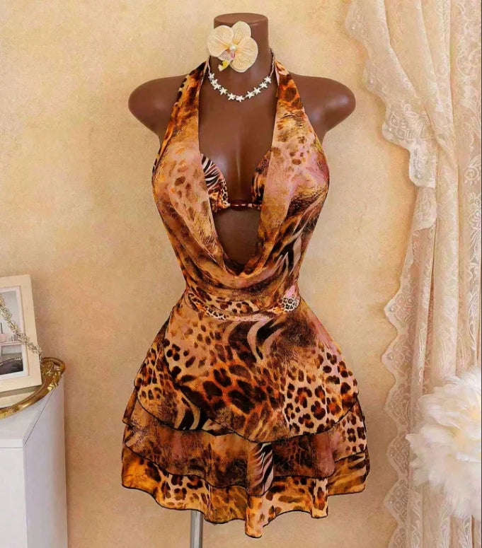 NEW Arrivals 4 PCS Set 7 Colors Animal Print Women Swimwear Triangle Top Brazilian Bikini and Cover Up Set Crop Top Ruffle Beach Skirt S-XL Women's Summer Beachwear Bathing Apparel Sets Clothing Supplies
