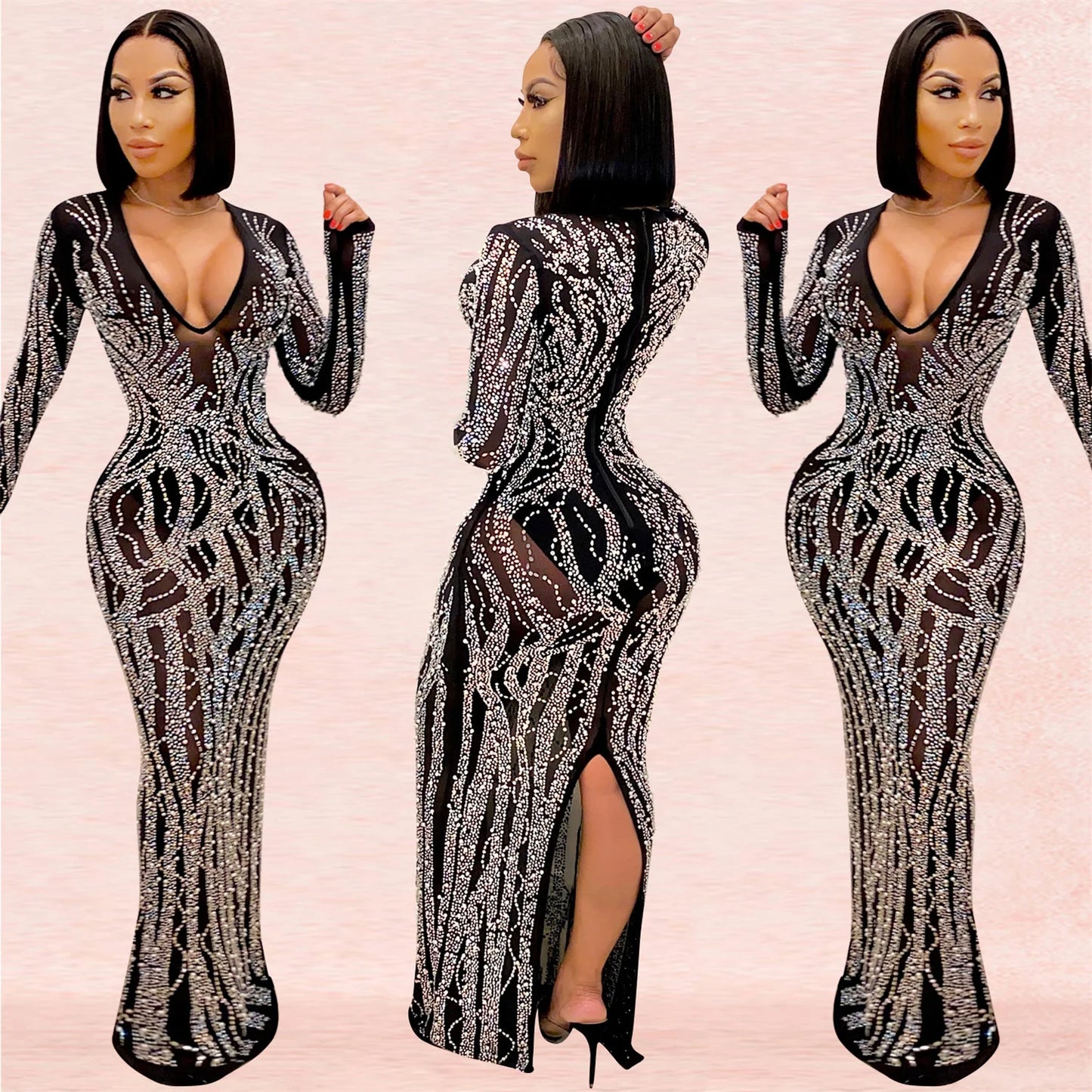 NEW Stylish Women Long Sleeve Sexy High Split Deep V-Neck Mesh Rhinestone Crystal Luxury Cocktail Party Night Club Prom Diamond Dresses Evening Cocktail Party Wedding Guest Ladies Luxury Apparel Supplies