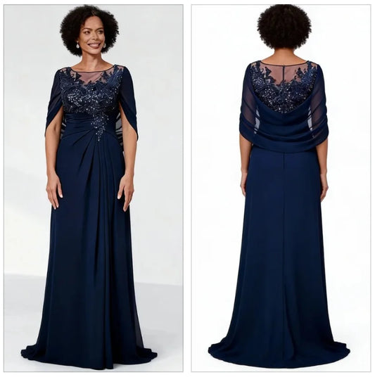 Mother of Bride Customizable Color Luxury Navy Blue Sequin Chiffon Women's  Formal Dresses With Cloak A-Line Plus Size Floor-Length Wedding Evening Party Red Carpet Celebrities Gowns Ladies Luxury Apparel Supplies