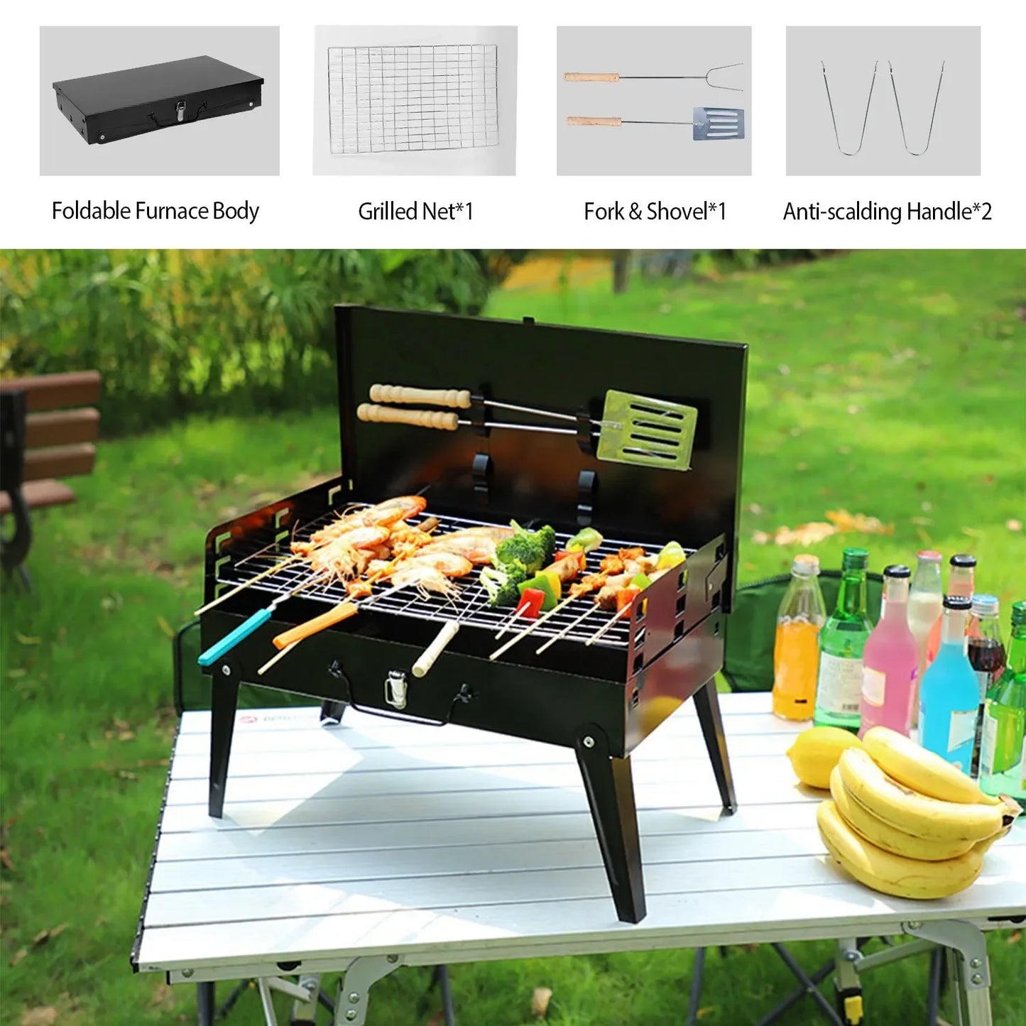 NEW Charcoal BBQ Grill Folding in Bag Outdoor Barbecue Charcoal Grill Portable BBQ Lightweight Smokeless Grill Outdoor Camping Garden Picnics Cooking Supplies