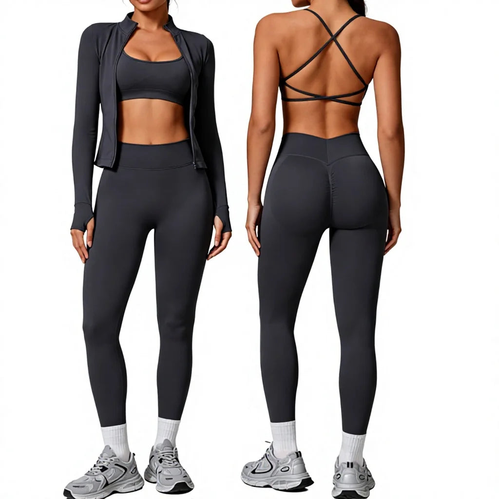 3 PCS Set 7 Colors Private Label Seamless Yoga Suit Women High Waist Scrunch Butt Lifting Tight Leggings Zip Jacket Gym Fitness Outfit Outdoor Running Activewear Set Women Sports Clothing Supplies