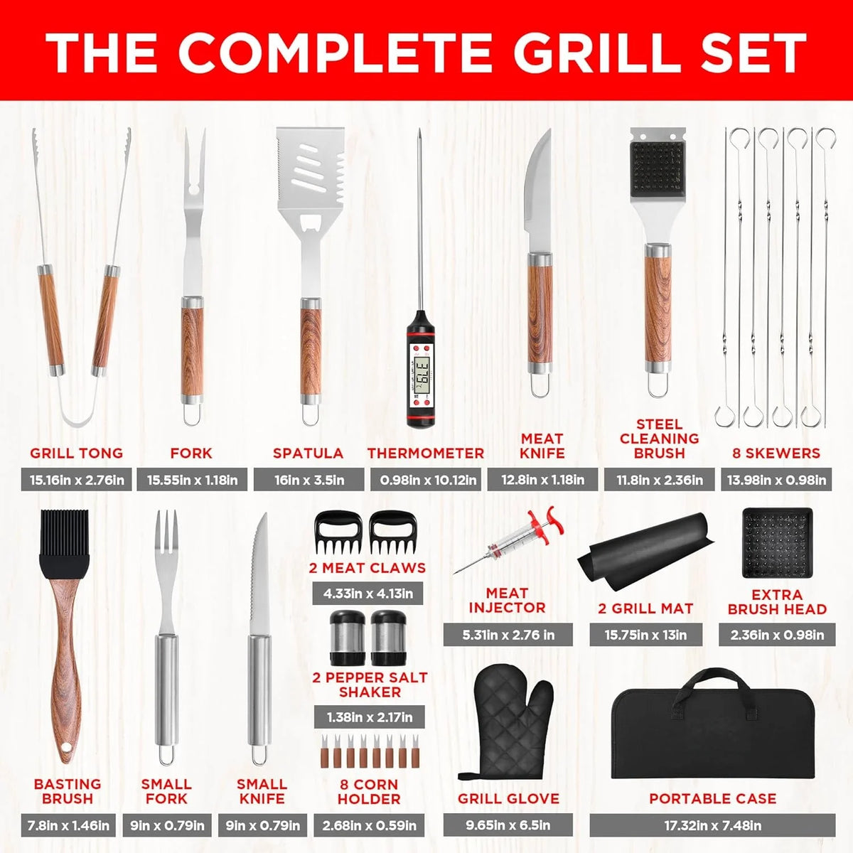 38 PCS Full Set Portable Charcoal 201 Stainless Steel BBQ Baking Utensils Kit Aluminum Case Multi-Function Heavy-Duty for Camping Backyard Picnic Cookware Tools