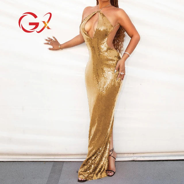 BEST PRICE  Luxury Top Quality Black/Golden Color Boutique Hot Sale Women Sexy Sleeveless Evening Party Wedding Guest Business Night Prom  Halter Sequin Backless Maxi Dresses Formal Gowns