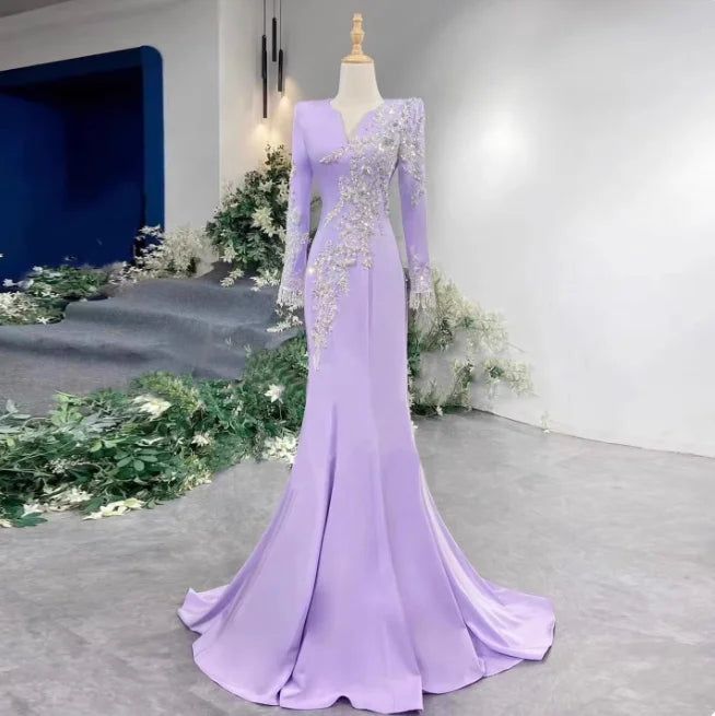 Mother of Bride Hot Selling Red/Purple Color V-Neck Long Sleeves Luxury Dress Beaded Lace Applique Mermaid Evening Party Gown with Sweep Train Ladies Formal Apparel Clothing Supplies