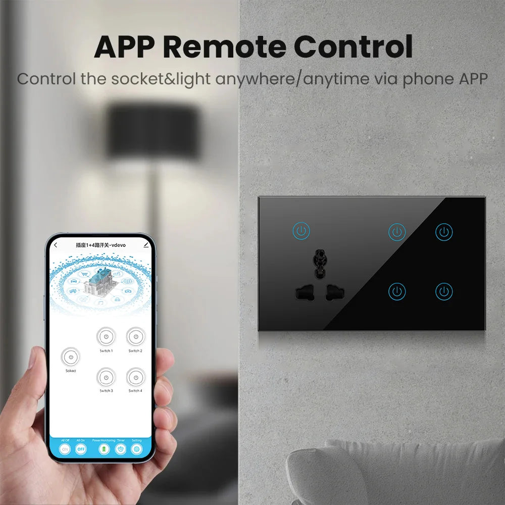 Smart WI-FI 4Gang Black/White Color Socket Touch Switch With 3Pn Electrical Multi Function Wall Mounted with Alexa Voice Google Work Home Lighting Supplies