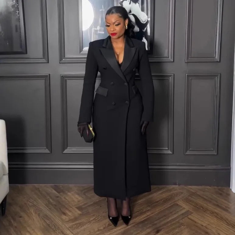 S-3XL Plus Size Black Color High Quality Long Blazer Dress Women Lady Elegant Suit Collar Slim Suits Dresses Long Coat Business Long Jacket Trench for Women