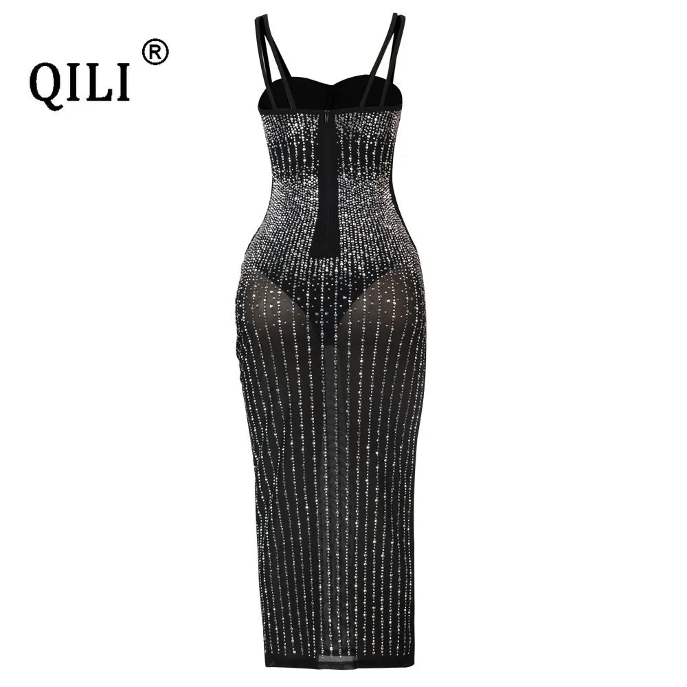 NEW Arrivals S-3XL UK Plus Size Chubby-Women's Sexy Spaghetti Strap Mesh Diamonds Dress, Sleeveless, See Through Rhinestone Dresses,  Evening Party Club Dress, Mid-Calf Ladies Luxury Fashion Apparel Supplies