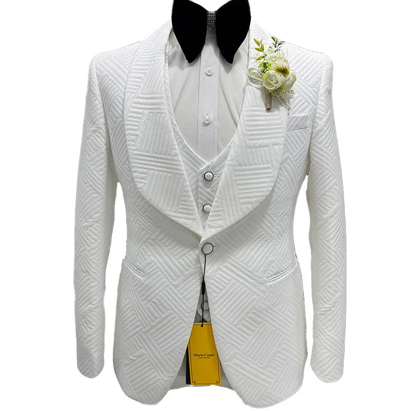 Boutique HOT SALE  3 PCS Set Xs-3XL Plus Size Men's Luxury White Wedding Casual Host Suit Pants + Vest + Jacket Evening Business Party Style Breathable Costume Male Luxury Apparel Supplies