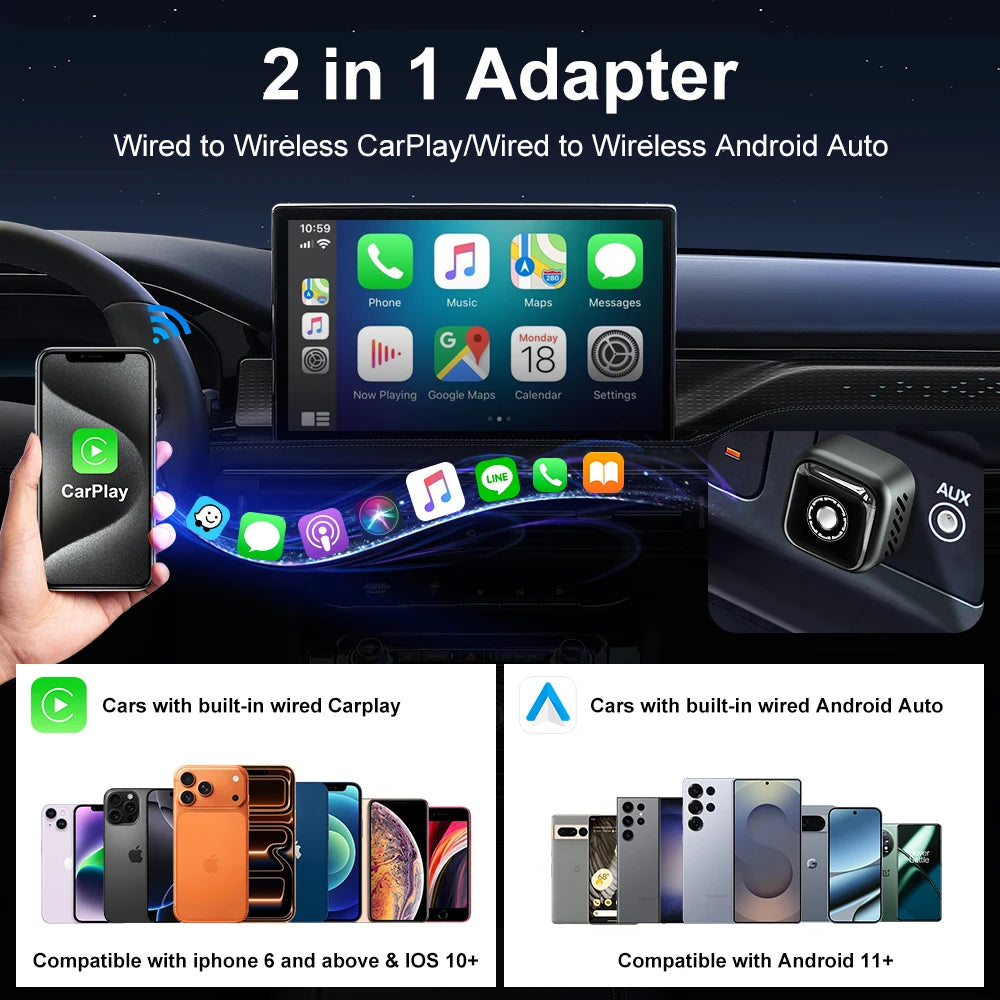 Car Wireless Adapter Wi-Fi Faster Speed Smart USB Type C Carplay Android Auto Adapter Upgrade Plug & Play Dongle Easy Use & Stable and Fast Connection