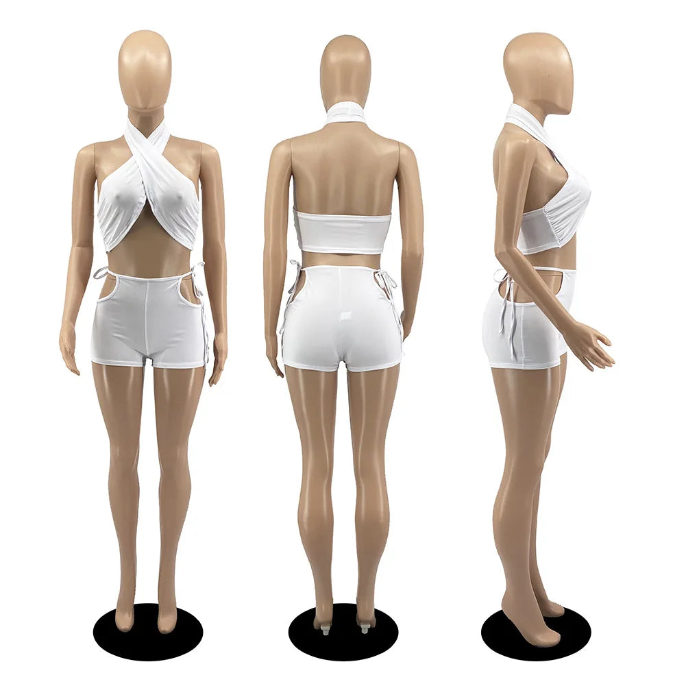 NEW Arrivals 2PCS Set 9 Colors Women Sexy Ruched Bandage Criss Cross Solid Hot Women Spring Summer Backless Evening Beach Party Night Club Crop Top and Shorts Matching Set