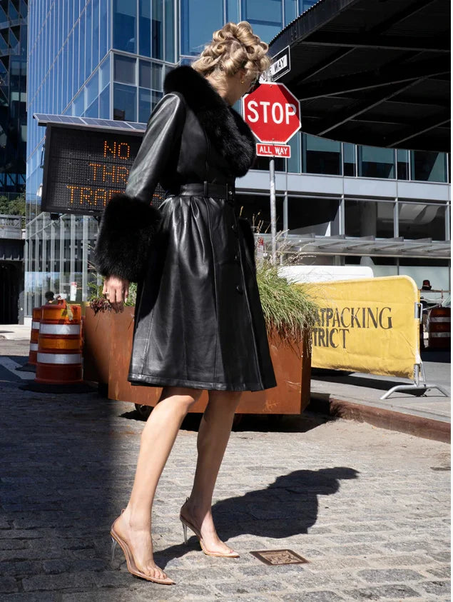 4 Colors S-4XL Plus Size Long Fur Trimmed Leather Trench Coat Women Zipper Women Fur Coat With Fur Collar Cuff Leather Autumn and Winter Outerwear Coat Women Winter Apparel Supplies