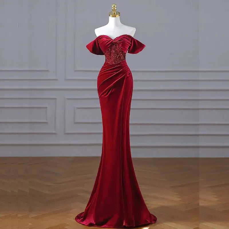 Boutique Gala HOT SALE Satin Maxi Gown Celebrities Red Carpet High Quality Christmas Red Floor Length Pearl Sequin Mermaid Evening Party Dress Off Shoulder Satin Formal Gown Gala Dresses