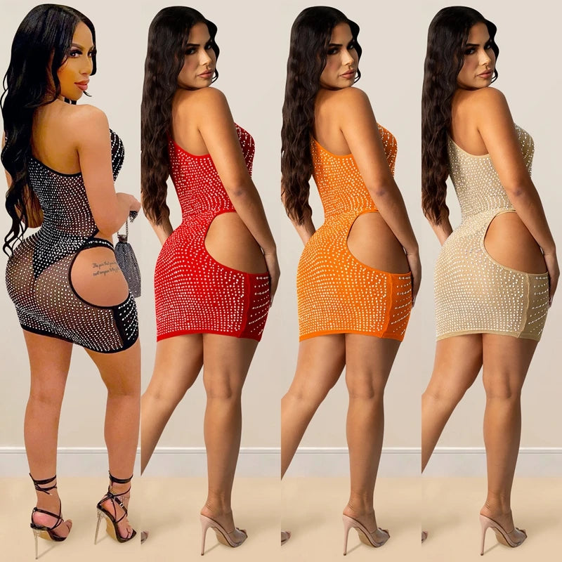 NEW Arrivals Khaki/Red/Orange S-2XL Asian Size Rhinestones Cut Out One Shoulder Bodycon Dress Women Summer Mini Sexy Sparkly Mesh Birthday Evening Beach Party Night Clubwear Dress