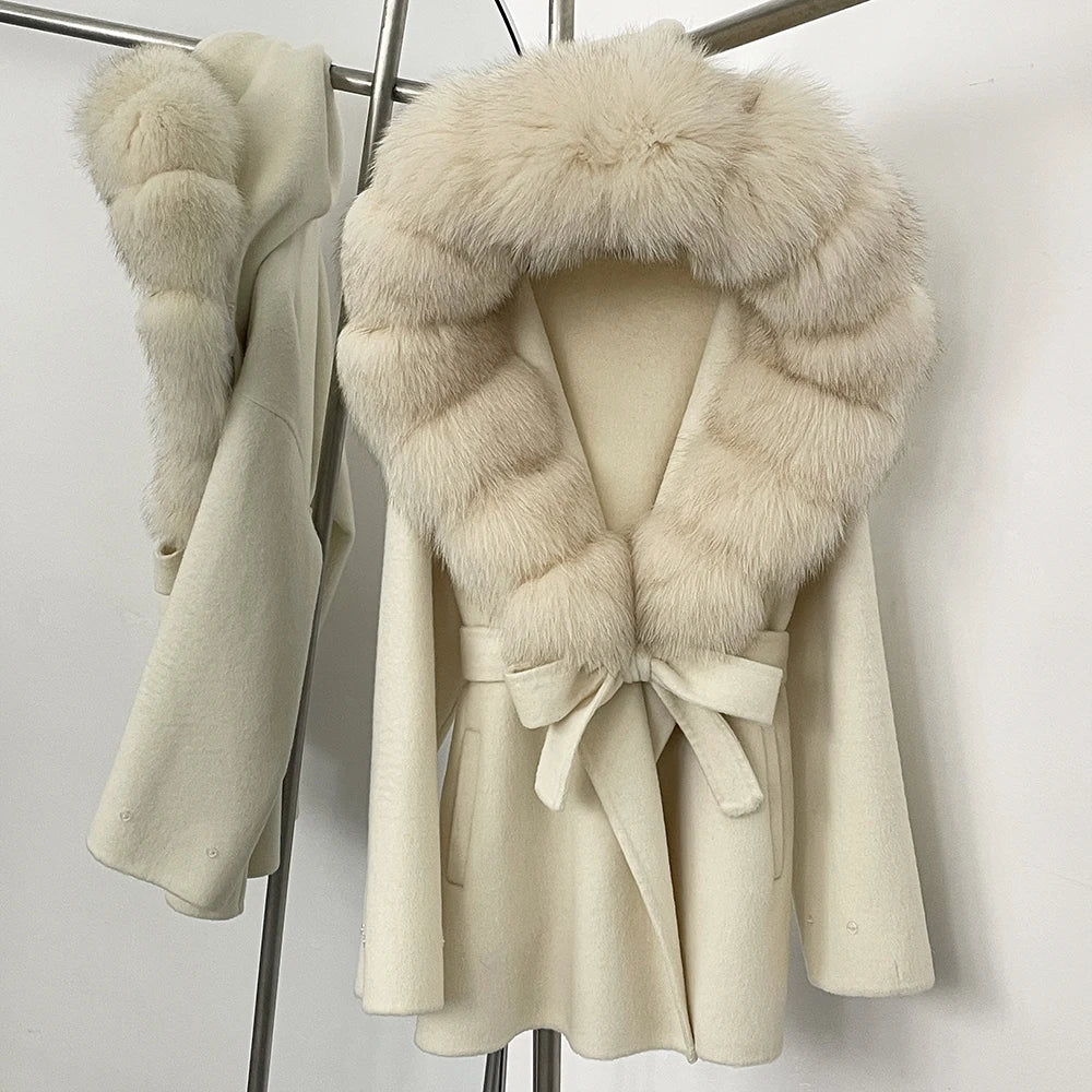12 Colors Small Medium Size  New Winter Cashmere Wool Blends Women Natural Fox Fur Collar Hooded Slim Fit Suit Double Sided Woolen Trench Coat Women Winter Apparel Supplies
