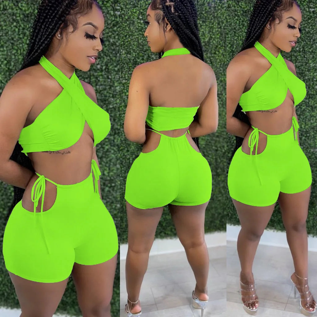 NEW Arrivals 2PCS Set 9 Colors Women Sexy Ruched Bandage Criss Cross Solid Hot Women Spring Summer Backless Evening Beach Party Night Club Crop Top and Shorts Matching Set