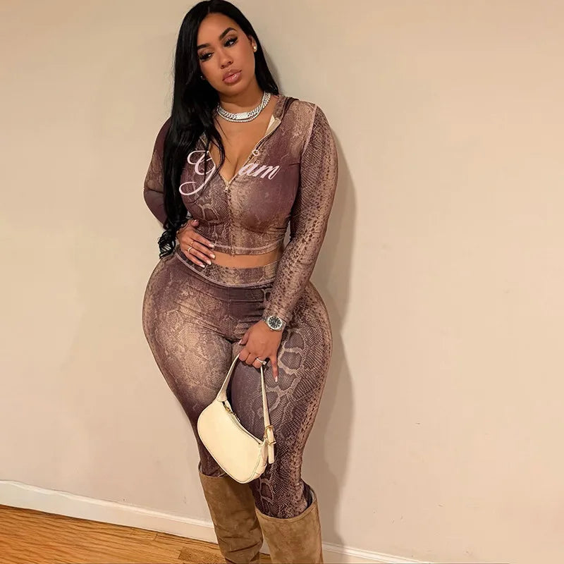 2 PCS Set Autumn Winter New European American Style Women's Sexy Evening Party Night Club Collarless Regular Fit Cardigan Top Midi Snakeskin  Pants & Top Set